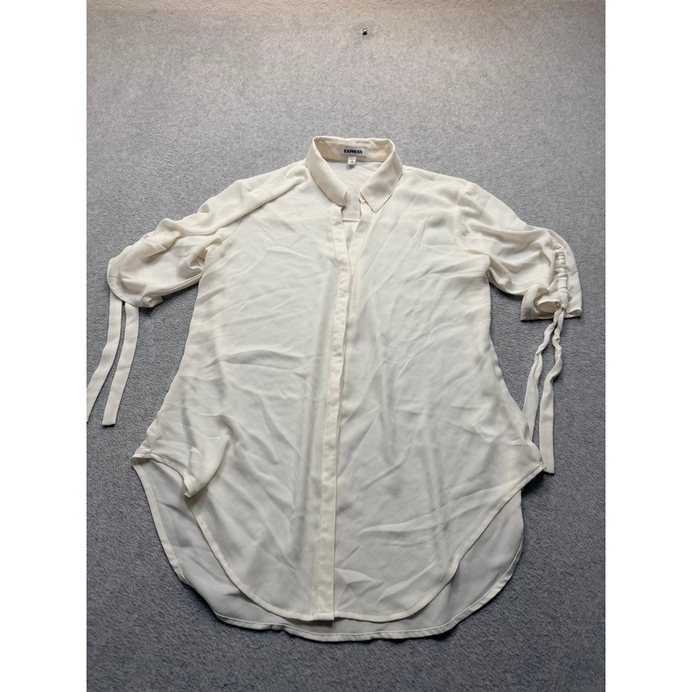 Express Womens Ivory Cream Cinched Tie Sleeve Button Up Tunic Blouse Large